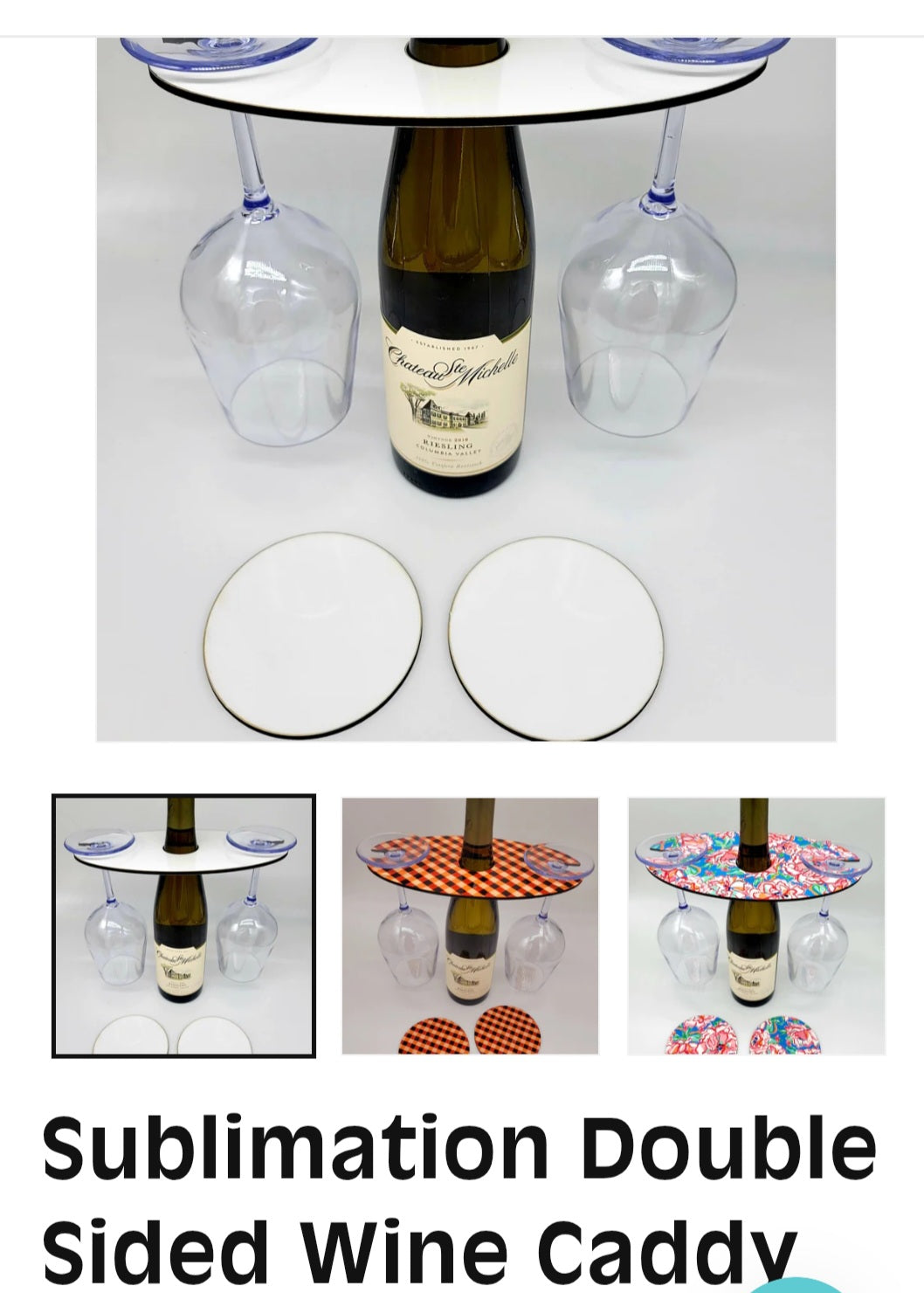 Double sided wine caddy with 2 wine glasses