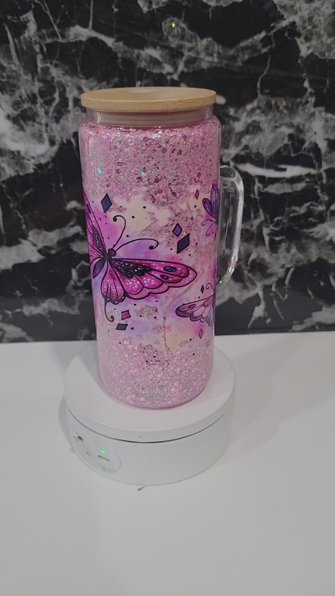 20 oz glass glitter tumbler with handle