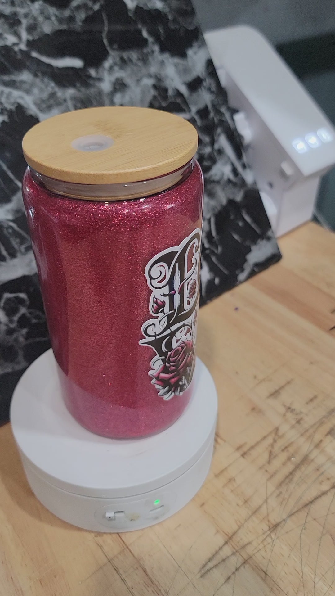 16oz glass glitter tumbler with bamboo lid